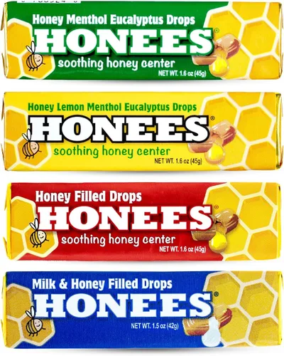 Honees Honey Drops paquete de variedad 1 de cada sabor – leche y miel, relleno de miel, miel limón y miel mentol (paquete de 4)