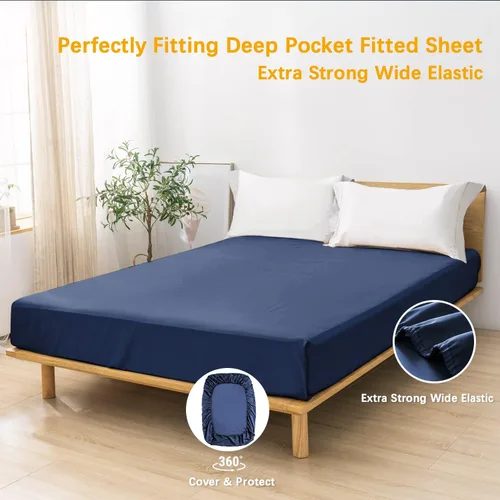 Vista 2 de MILDLY Sábana bajera ajustable de bolsillo profundo solamente, tamaño Queen 60"x80", 100% algodón de fibra larga, azul marino, sábana inferior