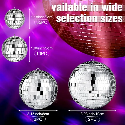 Vista 4 de Sumind 50 bolas de discoteca decorativas plateadas con espejo para colgar, decoración reflectante surtida, para bodas, bailes, festivales de música
