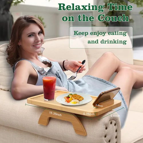 Vista 13 de Mesa auxiliar con clip para mesa auxiliar, mesa de sofá BAMBOOTRAY para sofás anchos, bandeja para reposabrazos de sofá para espacios pequeños, mesa