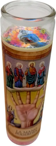 Vista 4 de Un perfumado Veladora,La Mano poderosa, Vaso Grande 14 oz veladora novenaria con poderosa oración al reverso (Inglés)
