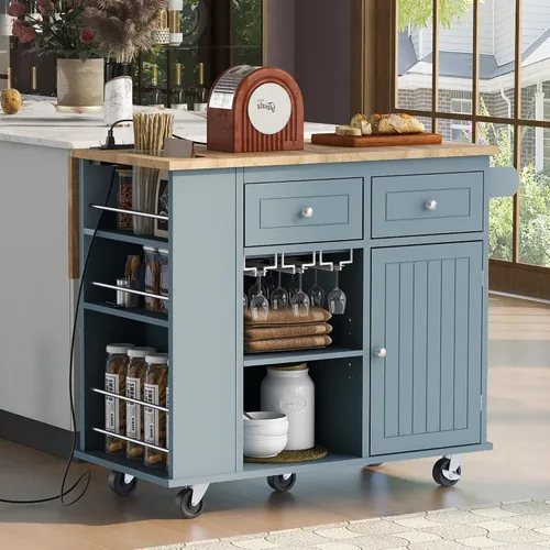Vista 27 de LUMISOL Carrito de isla de cocina con ruedas de bloqueo con 2 cajones y 4 gabinetes, isla de cocina rodante con estantes ajustables, mesa de madera