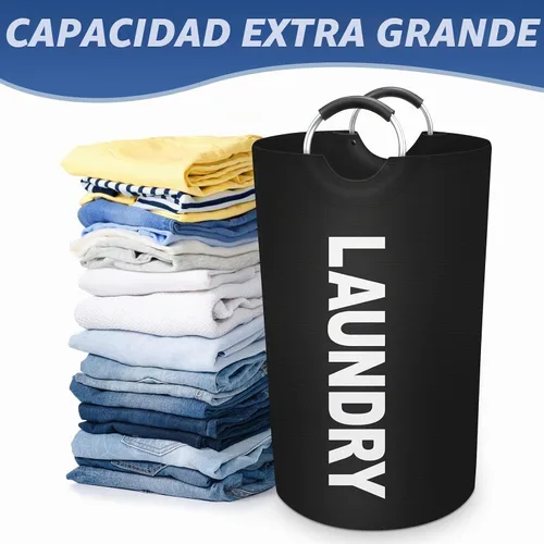Vista 4 de Cesta de lavandería grande de 90 litros, cesta de lavandería impermeable independiente, cesta plegable para ropa alta, fácil de transportar con asas