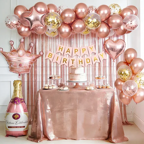 Vista 8 de Decoraciones de cumpleaños negras y doradas con pancarta de feliz cumpleaños, cortinas, botella, corona, globos de estrella de corazón y luz LED
