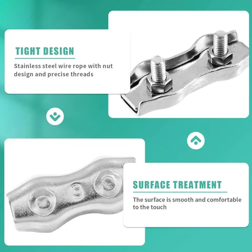 Vista 3 de 20 abrazaderas de cuerda de alambre M3 de 1/8 pulgadas, abrazadera de cable de acero inoxidable de 2 postes, clips de cuerda de alambre de doble