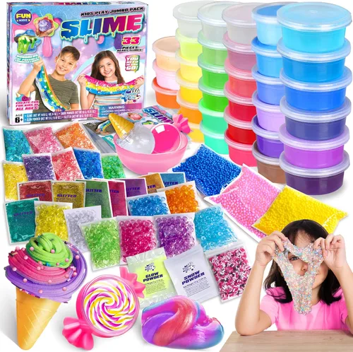 FunKidz - Kit de 33 tazas de slime jumbo para niños, paquete de slime prefabricado para bricolaje, suave, nube, transparente, mantequilla,