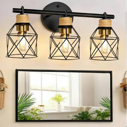 Lámparas de tocador de baño de granja, lámparas de baño de 3 luces, apliques de iluminación de pared sobre espejo, luces de tocador negras con Metal