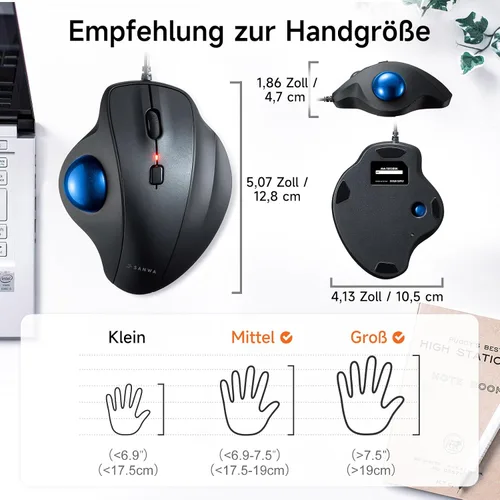Vista 7 de SANWA Ratón Trackball con cable, USB-C/A, clics silenciosos, programable Azul