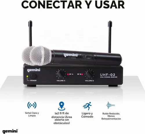 Vista 5 de Gemini Sistema de micrófono de mano UHF de doble canal (UHF-02M-S12) Dual-channel UHF handheld mics, 517-521 MHz - 150 ft range - dual volume