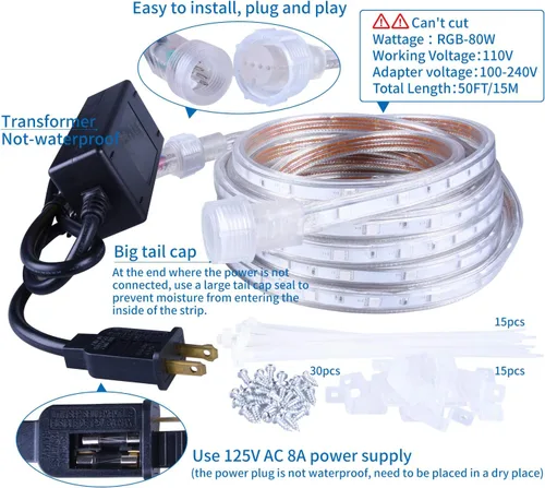 Vista 2 de Tira de luces LED de 50 pies (15 m), kit de iluminación regulable, flexible, de 450 LED RGB, 110 V, impermeable, con conectores macho y hembra