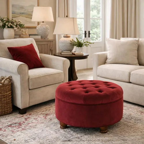 Vista 4 de HomePop - Otomana redonda para almacenamiento, capitoneada con botones grandes