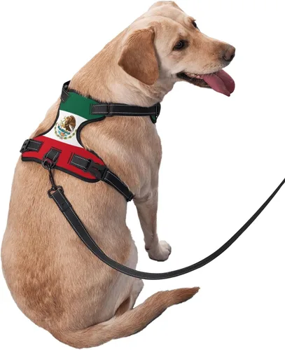 Vista 4 de Arnés para perro con bandera mexicana, arnés sin tirones con correa, chaleco Oxford reflectante y ajustable para mascotas, con tecnología fácil