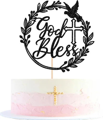 1 pieza de decoración de pastel Dios bendiga con cruz de paloma y purpurina, para bautizo, primera comunión, celebración religiosa, baby shower,