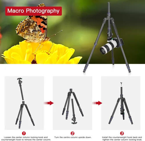 Vista 5 de Manbily - Trípode de viaje de aluminio de 74 pulgadas para cámara DSLR teléfono, cabeza de bola de 360° con mango y placa QR extra de 1/4 pulgadas
