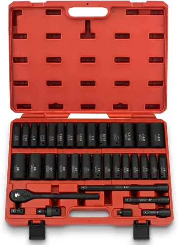 NEIKO 02446A Juego de dados de impacto de 1/2 pulgada, 35 piezas, surtido de kit de dados profundos, tamaños estándar SAE (3/8"-1-1/4") y mm métrico