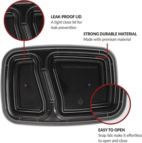 Vista 2 de Reli. Recipientes de preparación de comidas de 32 onzas Paquete de 45 Recipiente de alimentos de 2 compartimentos con tapas Almacenamiento