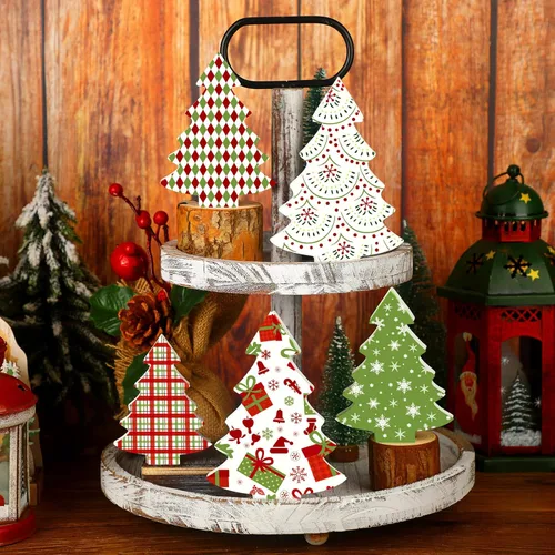 Vista 6 de Huwena 5 piezas de decoración de mesa de Navidad de madera para árbol de Navidad, bandeja escalonada, decoración de centro de mesa, caja de regalo