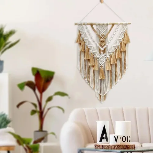 Vista 5 de Tapiz bohemio de macramé para colgar en la pared y decoración de pared, tapiz de algodón hecho a mano con borla, arte de pared tejido de macramé