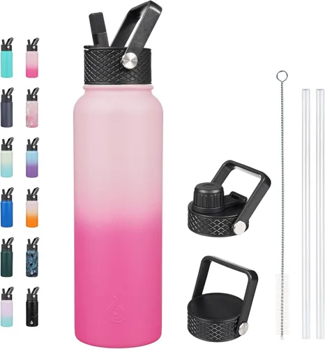 Vista 8 de BJPKPK - Botellas de agua aisladas con tapa de popote, botella de agua de acero inoxidable de 27 onzas con 3 tapas, termo de metal sin BPA a prueba