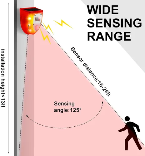 Vista 4 de Qualirey Detector de movimiento de alarma solar con sensor de movimiento al aire libre de 129 db, luz estroboscópica para perro, detector de alarma