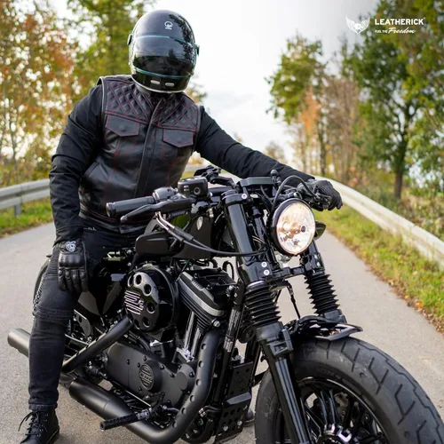 Vista 2 de Leatherick Mens Black Motorcycle Vests - Top Grain Cow Leather SOA Club & Traditional Paisley Satin Liner Leather Biker Vests