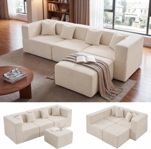 MONVANE Sofá seccional deshuesado en forma de L de gran tamaño, chenilla Chenille-beige