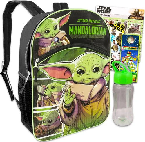 Baby Yoda Backpack For Boys 8-12 Set - Mandalorian Backpack for Boys Bundle with Water Pouch, Stickers, More Star Wars School Supplies