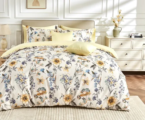 Vista 13 de SLEEPBELLA - Funda de edredón tamaño King, 600 hilos de algodón beige y gris azulado con patrón de hojas lujoso impreso, funda de edredón reversible