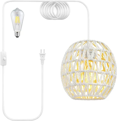 Vista 10 de SLYYMY Lámpara colgante enchufable, cable de cuerda de cáñamo de 15 pies, lámparas colgantes de ratán, interruptor de encendido/apagado, luces