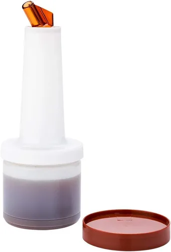 Vista 25 de Restaurantware Botella de plástico de 1 cuarto de galón de almacenamiento con boquilla azul y tapa, botella de almacenamiento de barra, 3 1/2 x 3