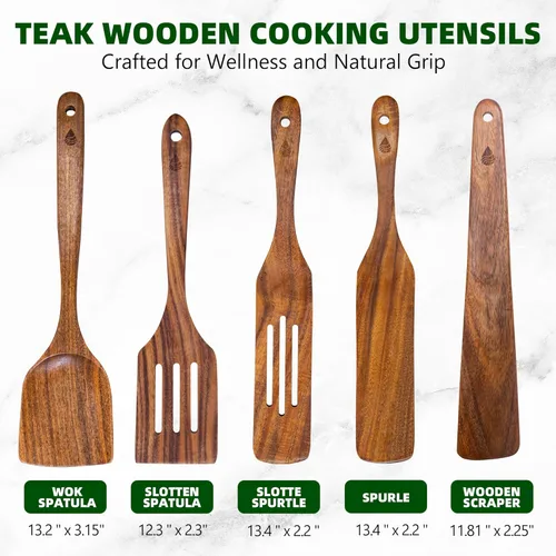 Vista 3 de 5 piezas de espátulas de madera para cocinar, juego de utensilios de madera de teca natural, utensilio de cocina de madera no tóxico, cucharas