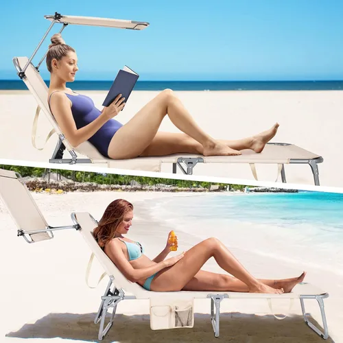 Vista 4 de Goplus Silla bronceadora, silla de playa plegable con toldo de 360°, bolsillo lateral, tumbona ajustable de 5 posiciones para exteriores, para Beige