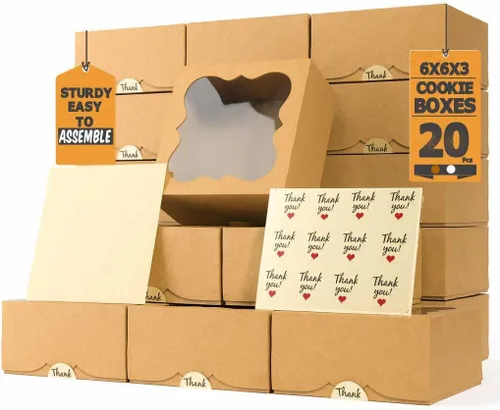 Paquete de 20 cajas de galletas para regalo, cajas de panadería de 6 x 6 x 3 pulgadas con ventana, recipientes pequeños extragruesos para galletas,