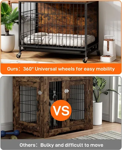 Vista 4 de Furniture Style - Jaula para perros con bandeja extraíble y ruedas, mesa auxiliar de jaula de doble puerta resistente, 27.2 pulgadas, casa de Marrón