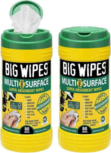Vista 13 de BIG WIPES Recipiente multisuperficie resistente, paños de limpieza súper absorbentes para manos, superficies y herramientas, recipiente de 80