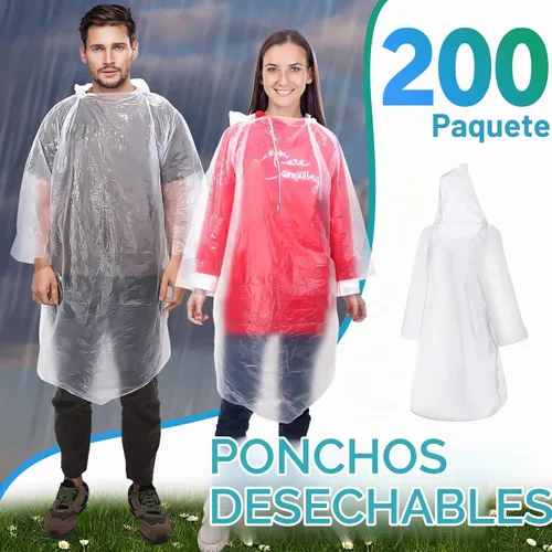 Vista 2 de 200 Ponchos de lluvia desechables para adultos, poncho de lluvia de emergencia a granel, transparente, impermeable, desechable, envuelto