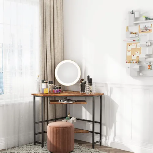 Vista 2 de SogesHome Escritorio esquinero de tocador, escritorio de maquillaje triangular con bandeja debajo de la mesa, escritorio de tocador que ahorra