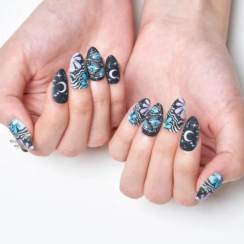 Vista 9 de GLAMERMAID Uñas postizas cortas a presión, color almendra, rosa arcoíris, rosa, primavera y verano, hechas a mano, pegamento de gel, 24 piezas