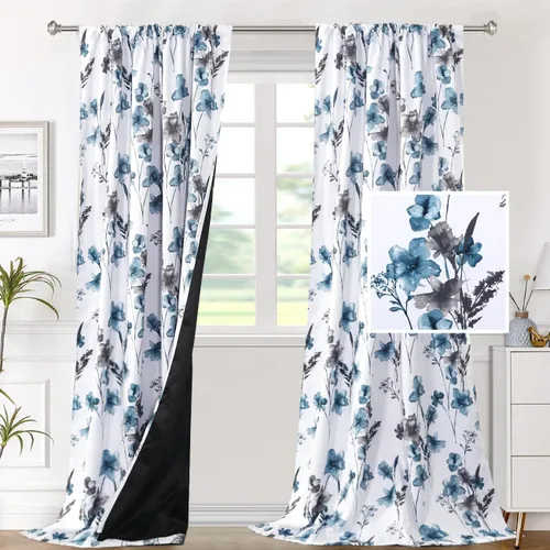 Vista 30 de H.VERSAILTEX Cenefas de cortina 100% opacas para ventanas de cocina, juego de 2 paneles de Cattleya con estampado floral, estampado floral