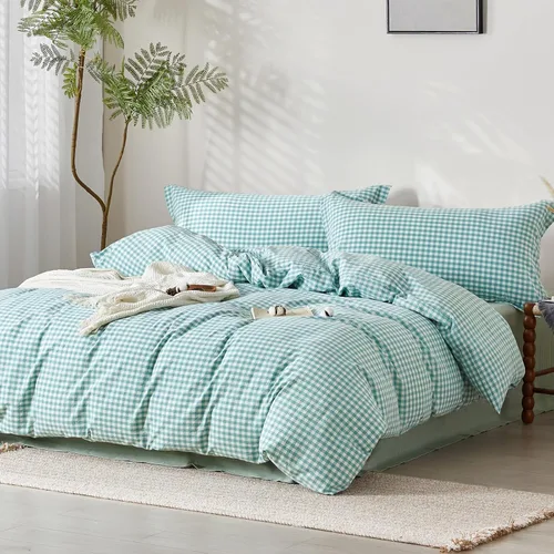 Vista 69 de SAPHREAS Juego de funda de edredón de algodón, tamaño King, a cuadros color gris oscuro y gris, geométrico, 3 piezas, 1 funda de edredón y 2 fundas