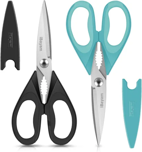 Vista 12 de iBayam Tijeras de cocina multiusos con funda protectora, tijeras de acero inoxidable duraderas, aptas para lavavajillas, mango cómodo de agarre suave