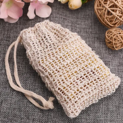 Vista 5 de BBTO 5 piezas de bolsas para jabón de sisal natural exfoliante para espuma y secado, ducha, escoba (9 x 14 cm, Beige)