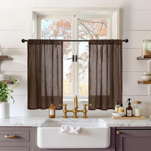 Vista 87 de BGment Cortinas de lino café de 30 pulgadas de largo para ventana pequeña, cortinas de media ventana beige semitransparentes ligeras con bolsillo
