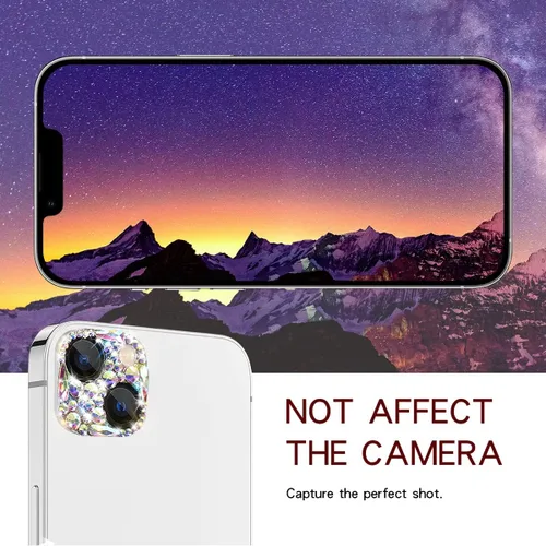 Vista 6 de Cavdycidy Protector de lente de cámara con diamantes brillantes para iPhone 13 y iPhone 13 mini, cubierta de cámara con gemas de metal con purpurina