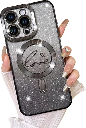 Vista 117 de Fiyart - Funda transparente magnética con purpurina para iPhone 11 Pro Max para mujeres, con grabado "Love" metálico, protección para cámara