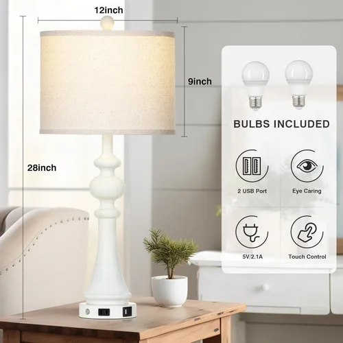 Vista 4 de Lolikit 28" Farmhouse Table Lamp with USB A+C Fast Ports & AC Outlets, Vintage Rustic 3-Way Dimmable Touch Control Table Lamp, Rustic Traditional