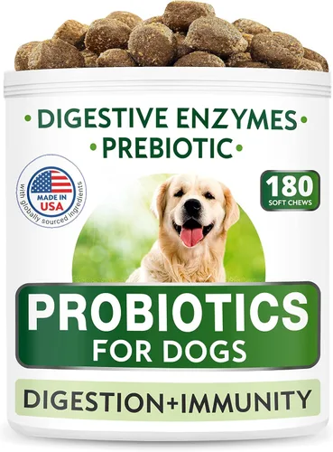 Vista 2 de Probióticos masticables para perros + paquete de glucosamina – Gas, diarrea, alergia, estreñimiento, alivio del malestar estomacal + cuidado