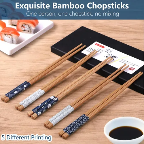 Vista 2 de Antner 5 pares de palillos de bambú reutilizables estilo japonés con caja negra, palillos ligeros de 8.8 pulgadas/22.5 cm, antideslizantes, set