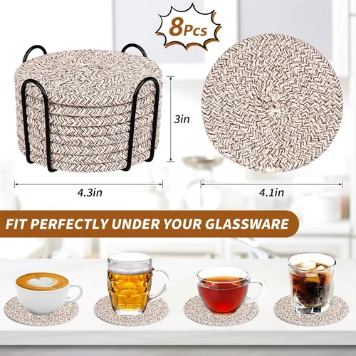 Vista 3 de Mckanti Paquete de 8 posavasos con soporte, posavasos absorbentes para mesa de café, juego de posavasos de algodón minimalista tejido