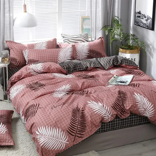 Vista 2 de HASMI Juego de ropa de cama nórdica simple con estampado de hojas y cuadros, funda de edredón de doble cara, tamaño individual, doble, queen, king